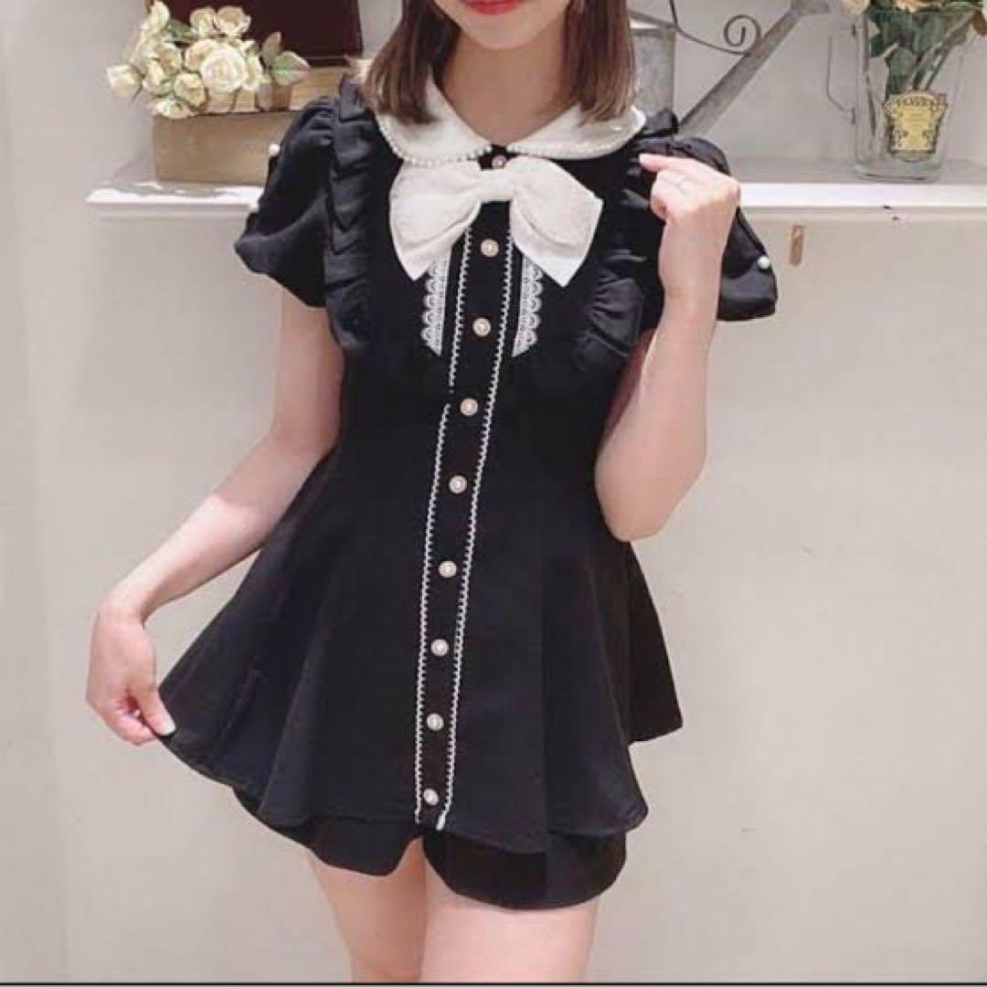 SecretHoney シークレットハニー ヨークフリルパール襟セットアップ 黒