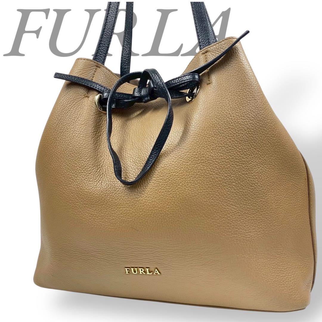 FURLA フルラ ショルダーバッグ レザー シボ革 大容量 A4可 茶 巾着