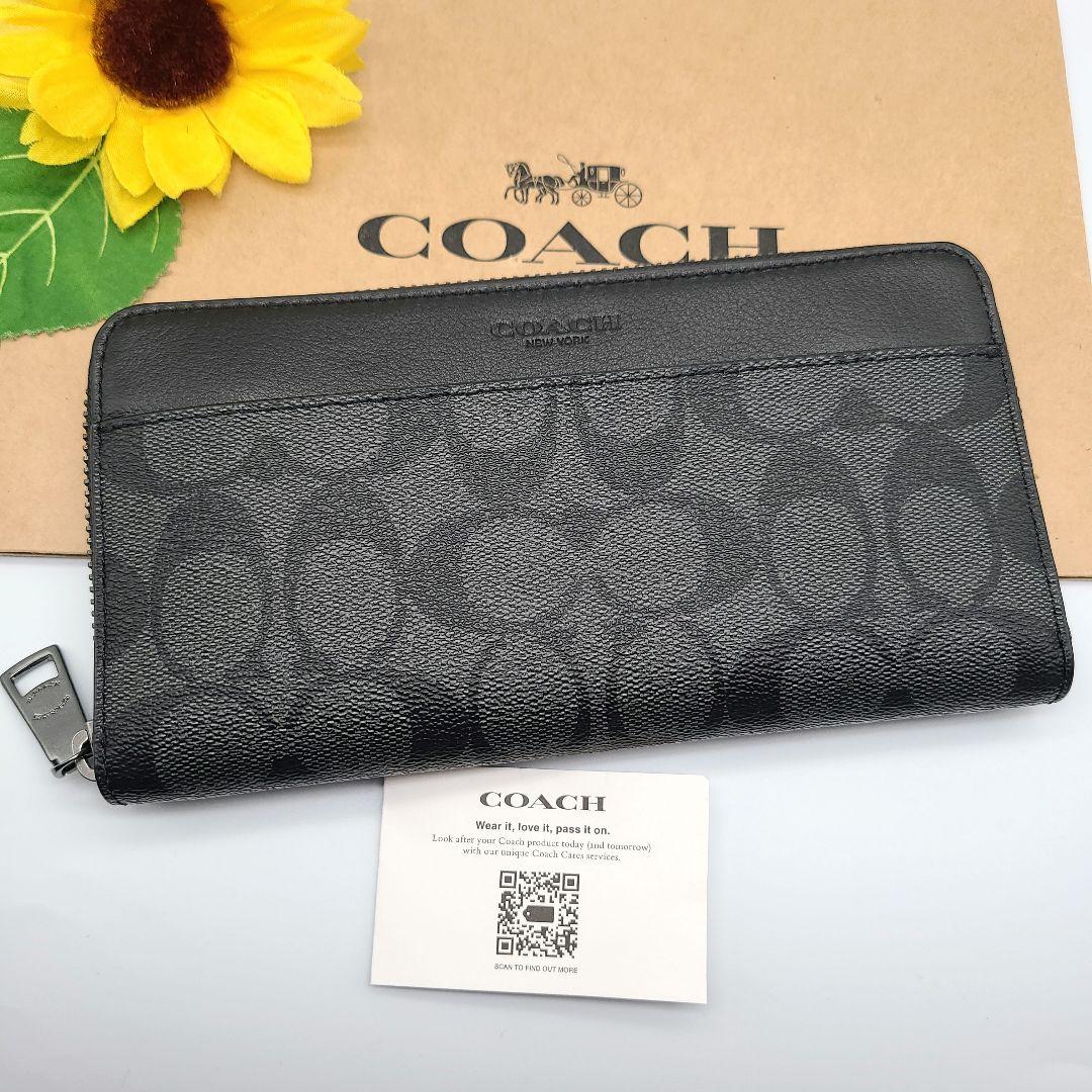 COACH 長財布 新品 ブラック チャコール 新作 レザー メンズ 黒