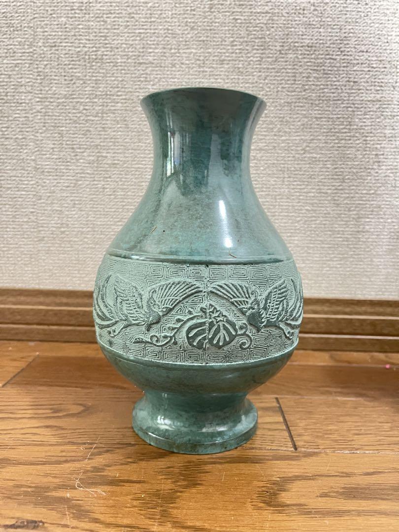 金属花瓶鳥、鳳凰図剛章印