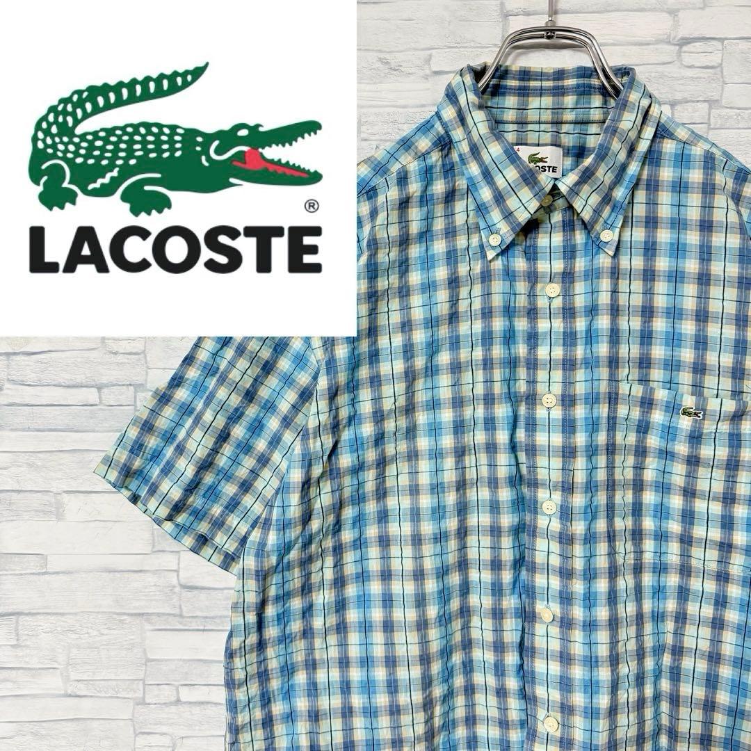 LACOSTEラコステ　ワンポイント刺繍ロゴ　半袖シャツ　チェック柄　XL LACOSTE (ラコステ) ロゴ ジャガード カラー ワンポイント ワニ