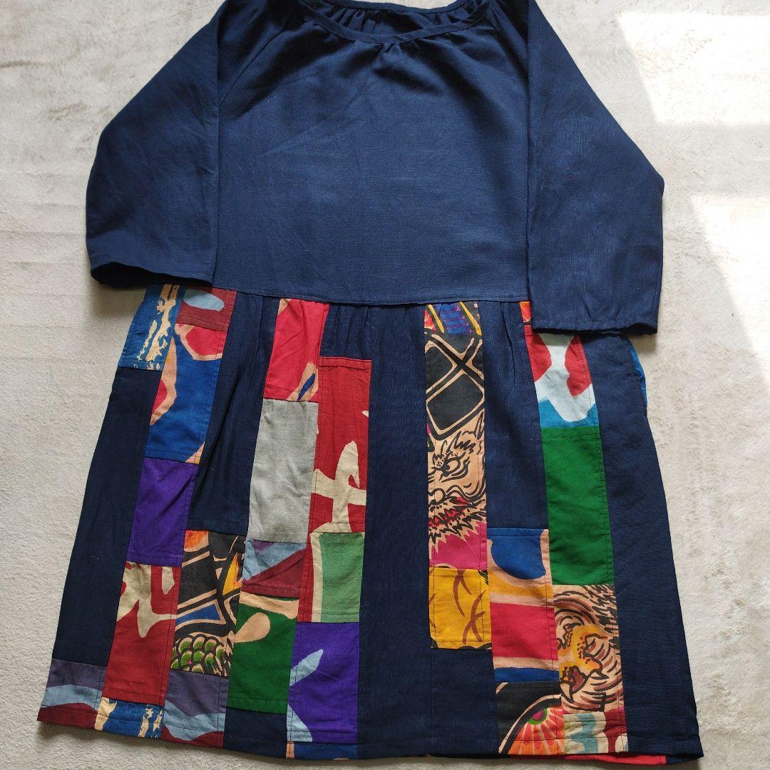 古布木綿大漁旗& リネンネイビー色✿ラグラン袖パッチワークチュニックワンピ目立った傷や汚れなし