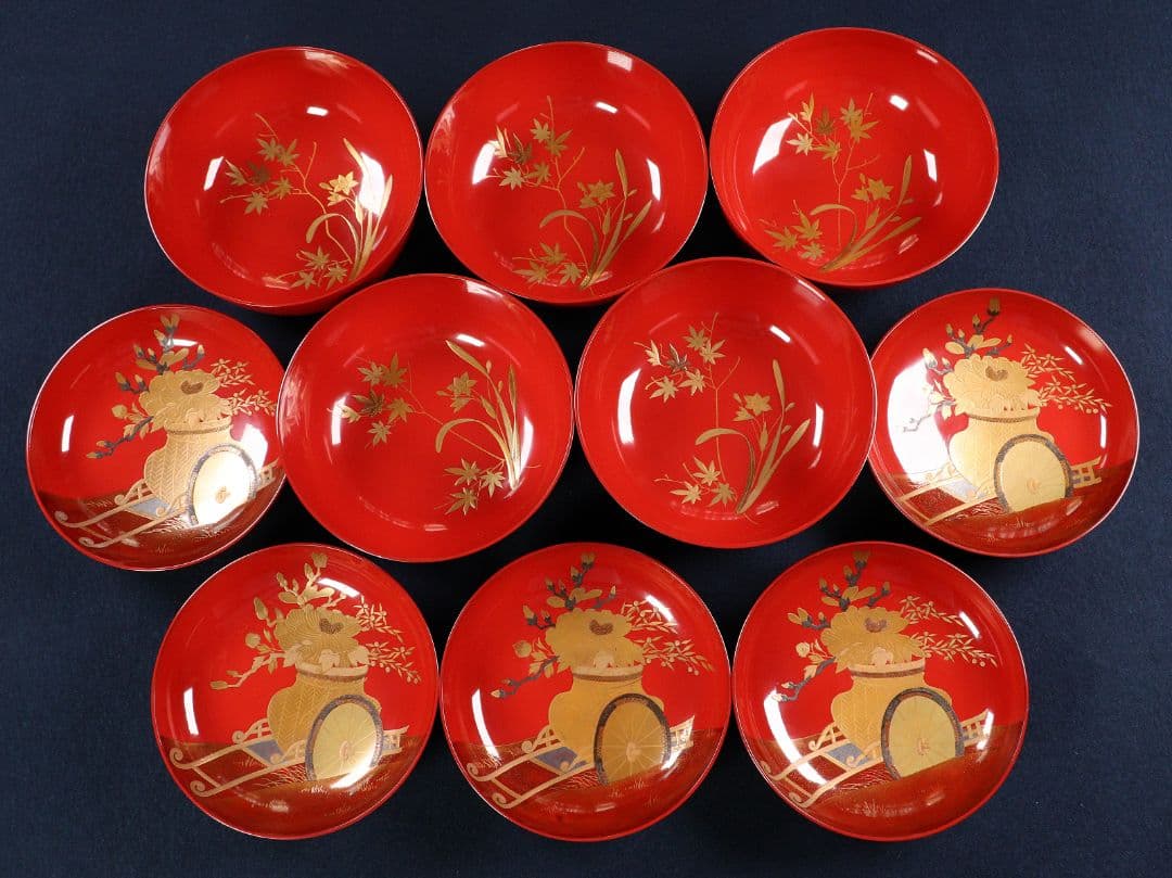 宅送] CE6 輪島塗 花車文様金銀蒔絵朱塗煮物椀五客 木製漆器高盛梨地切