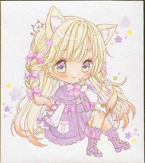 ♪手描きイラスト.ねこ娘とねこ.原画.アナログイラスト.小色紙♪