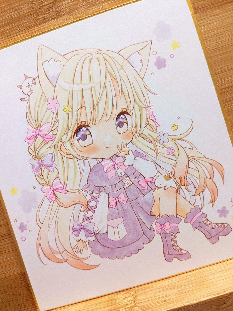 ♪手描きイラスト.ねこ娘とねこ.原画.アナログイラスト.小色紙♪