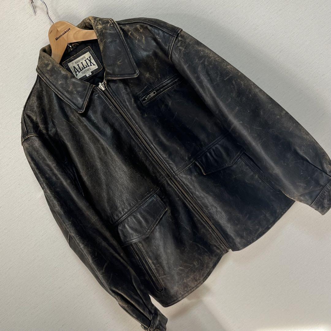 90' レザージャケット　シングルライダース　ブラック　Mサイズ　ダメージ加工