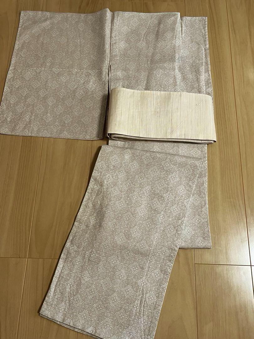 証紙付　片貝木綿　紺仁　綿麻紅梅　夏着物　灰桜　手縫い仕立て　丈162 裄68
