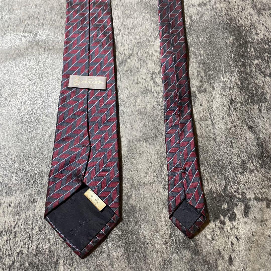 AN209 Pierre Cardin ワインレッド グレー シルク ネクタイ