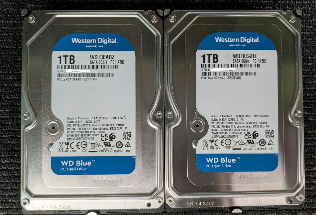 WesternDigital HDD 1TB 2台 WD10EARZ 稼働短Western Digital