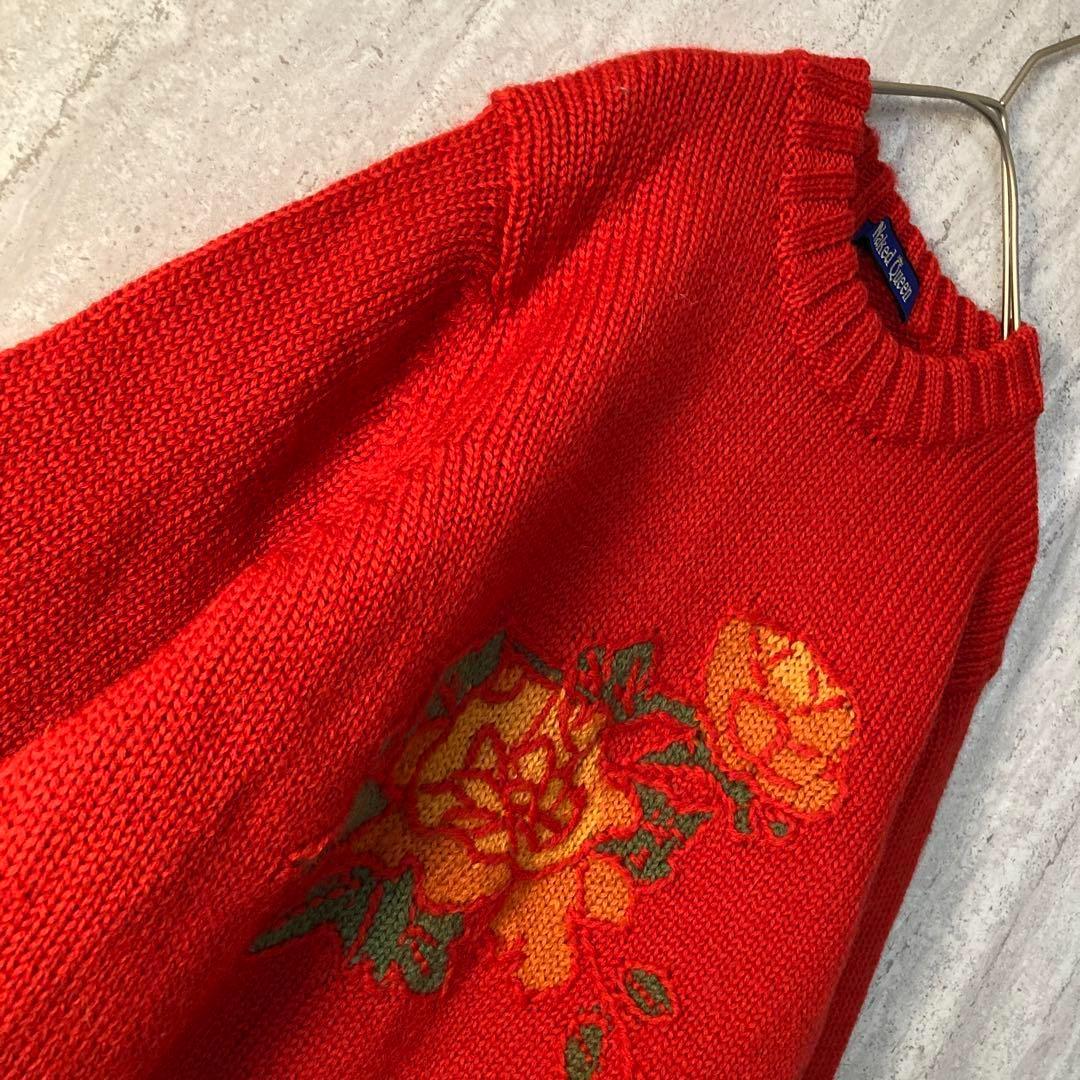 ヴィンテージ ニット お花刺繍 モチーフ レトロ 80S 可愛い レッド