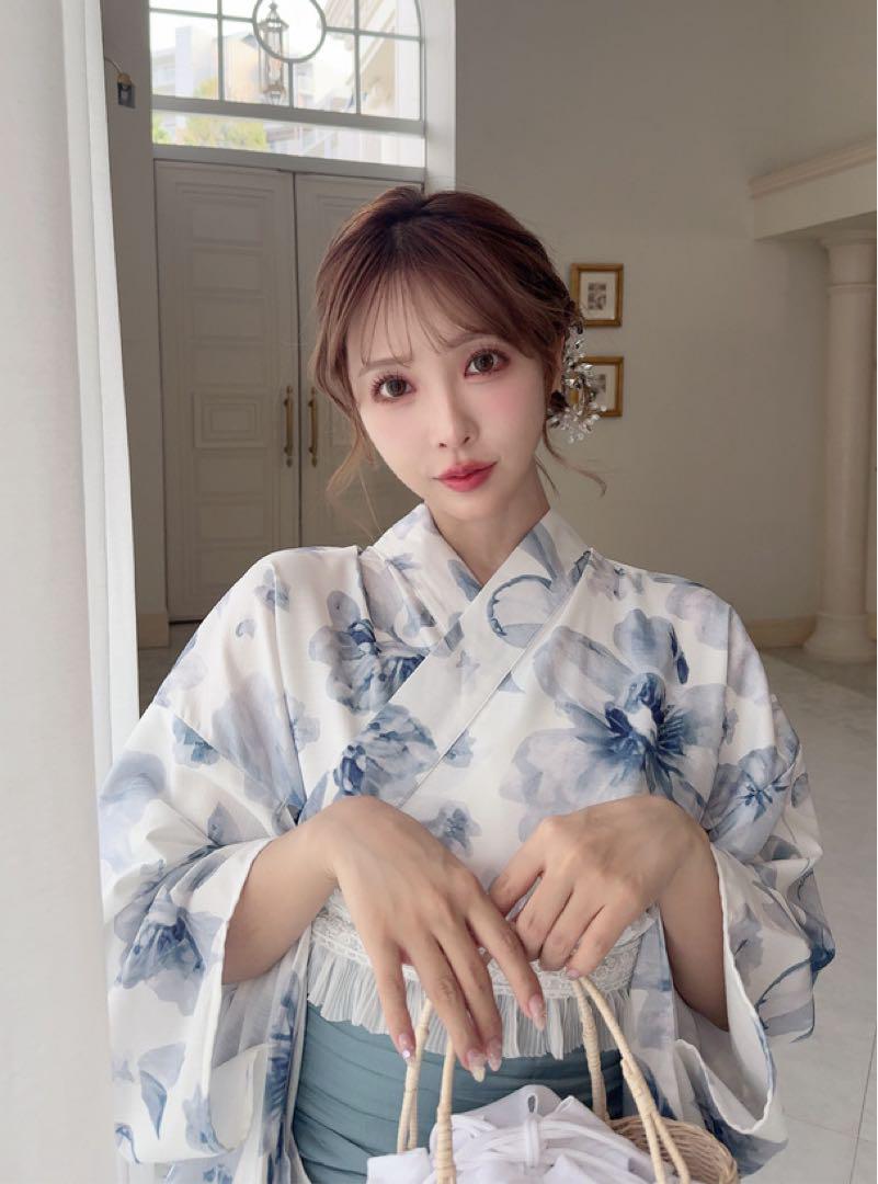 水彩花柄浴衣セット　2way ワンピース　兵児帯　セパレート　ブルー　大人花柄