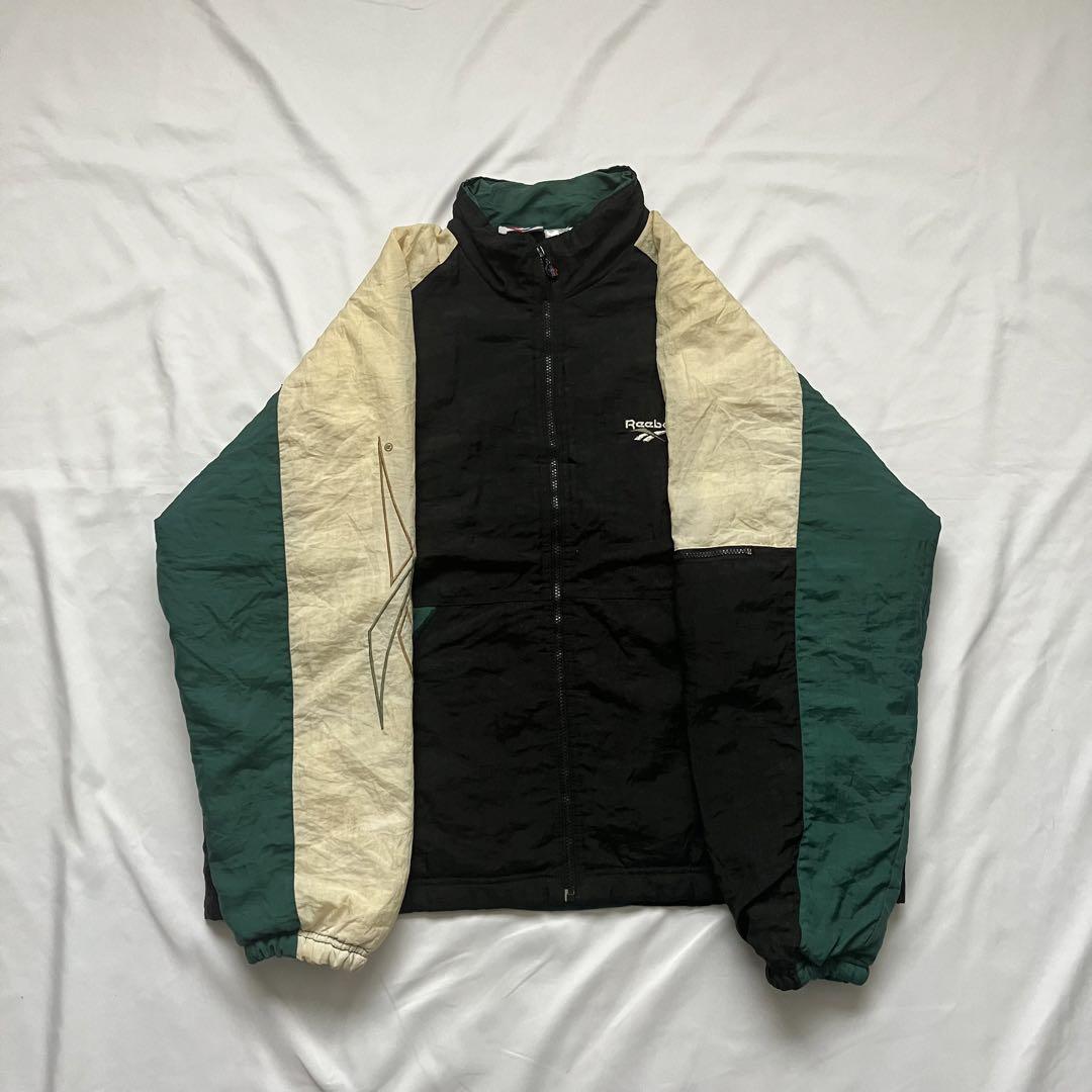 90s Reebok フルジップ ジャケット L グリーン ブラック ラグラン