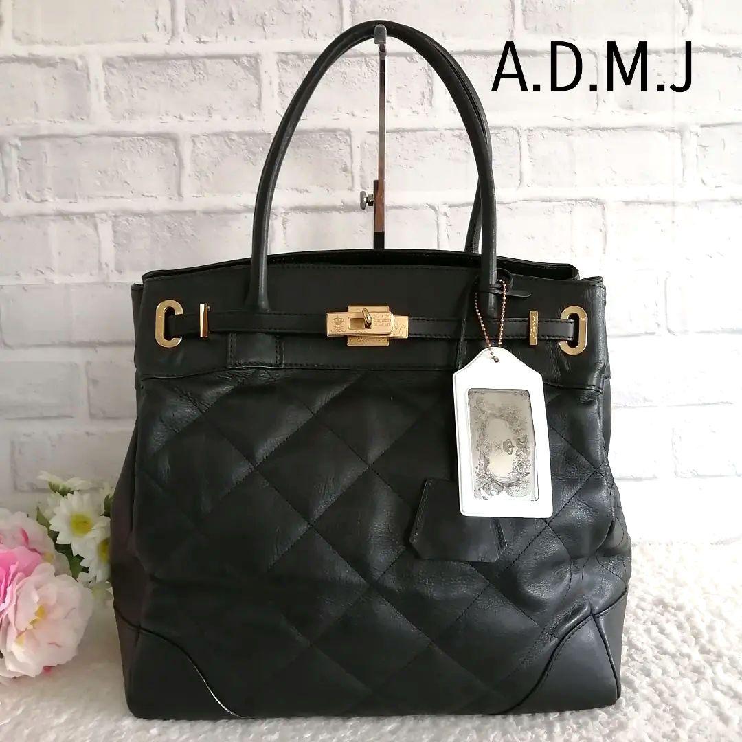 美品♥A.D.M.J エーディーエムジェイ♥ハンドバッグ/トートバッグ ブラック 公式商品 【美品】A.D.M.J A4トート レザー クロコ型押し ブラック×ピンク 通勤 ハンドバッグ