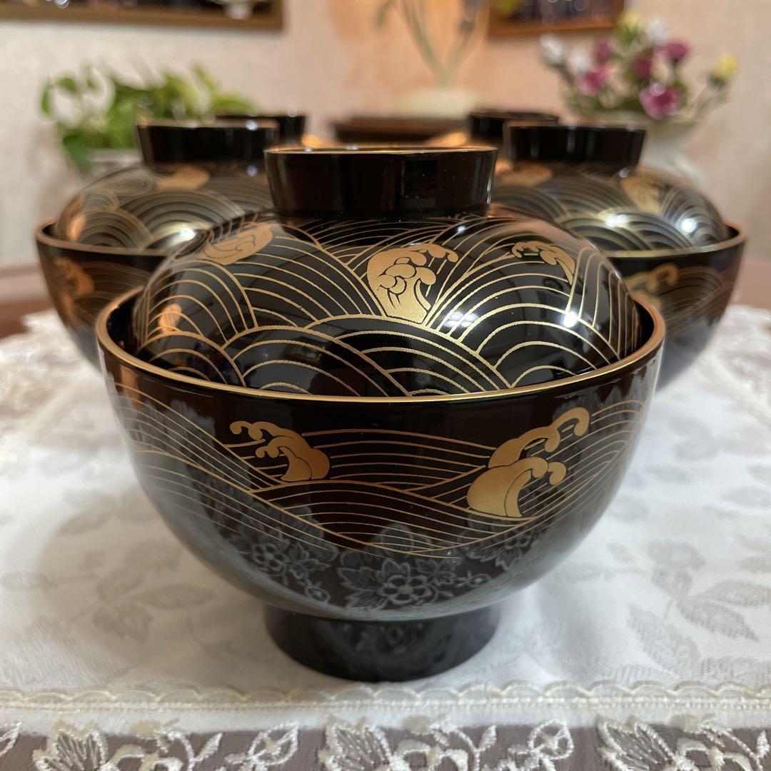 琉球漆器 吸物椀 5客 セット 蓋物 沖縄伝統工芸品 未使用 長期