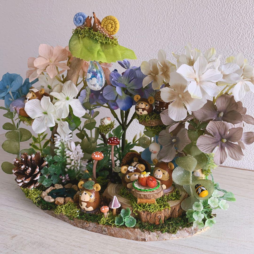 どんぐりアート 彩り紫陽花 カタツムリと梅雨の森 置物