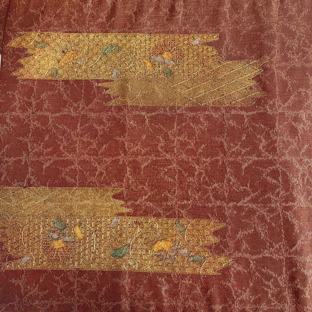 袋帯　刺繍　金色茶色