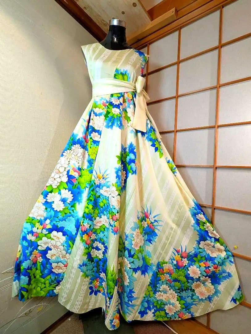 振袖着物リメイクワンピース正絹ウエストリボン付き着丈138センチ身幅60センチ