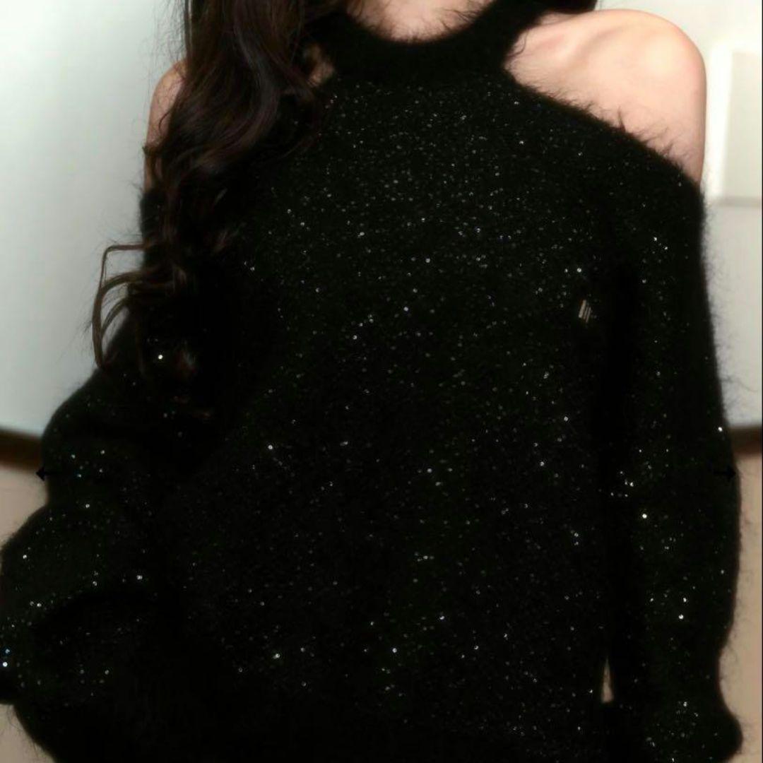 トップス andwang Off shoulder over knit black