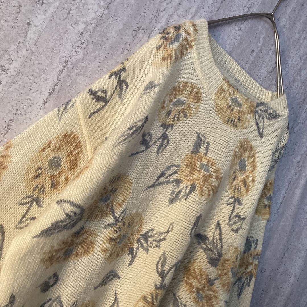 ヴィンテージ ニット お花柄 レトロ 可愛い クリーム くすみイエロー