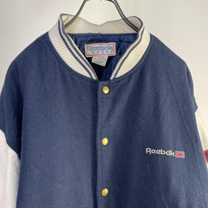 90s Reebok リーボック スタジャン 袖レザー ネイビー ホワイト L