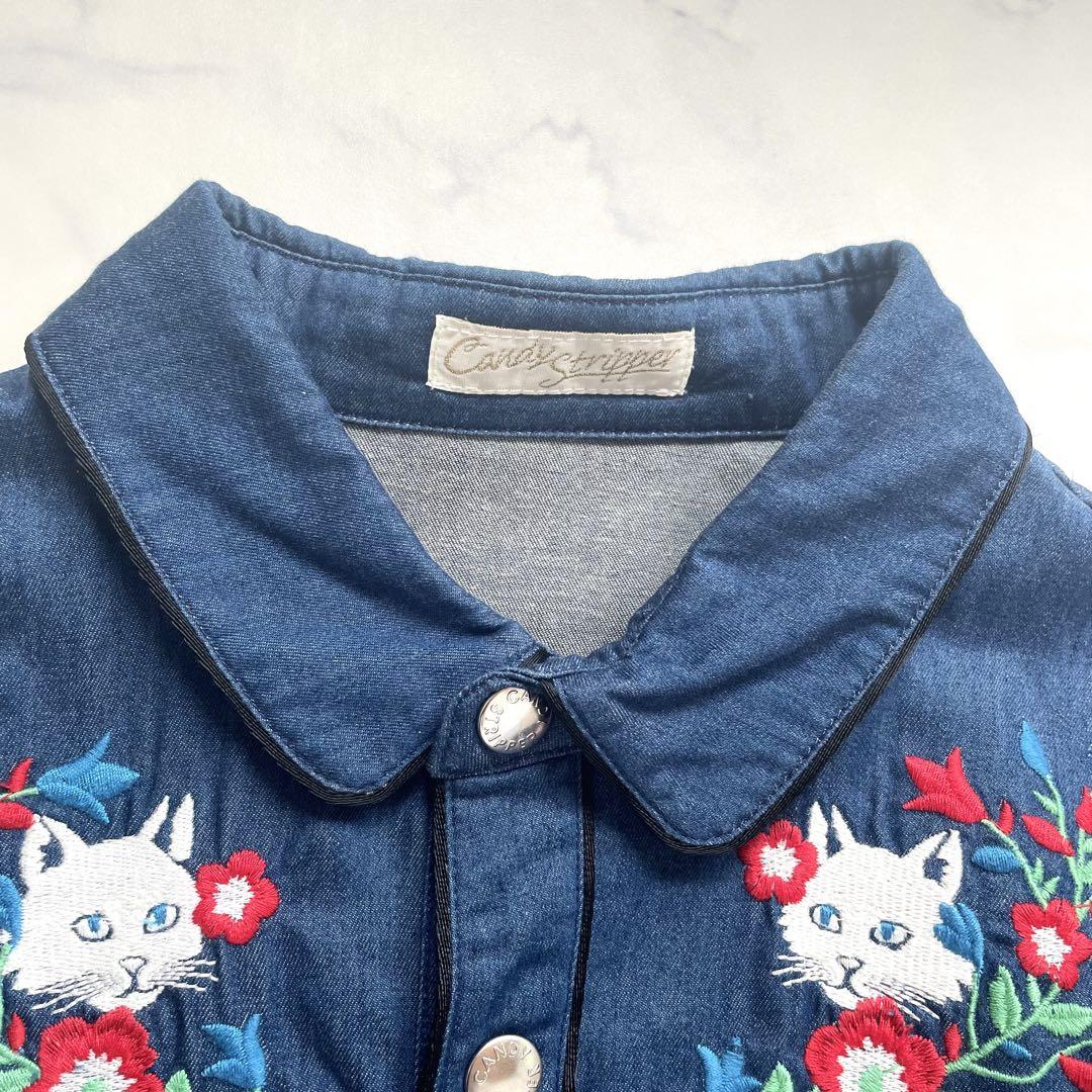 美品　キャンディストリッパー　デニムワンピース　刺繍　ベルト　ネコ　プリーツ　M 美品 キャンディストリッパー デニムワンピース 刺繍 ベルト