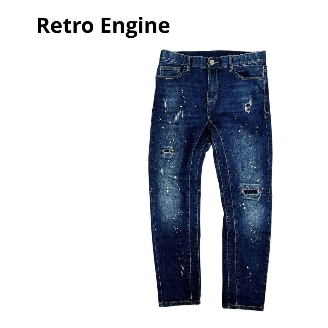 美品 レトロエンジン (XXL) スキニーデニム　ペンキ　ダメージ　ストレッチ