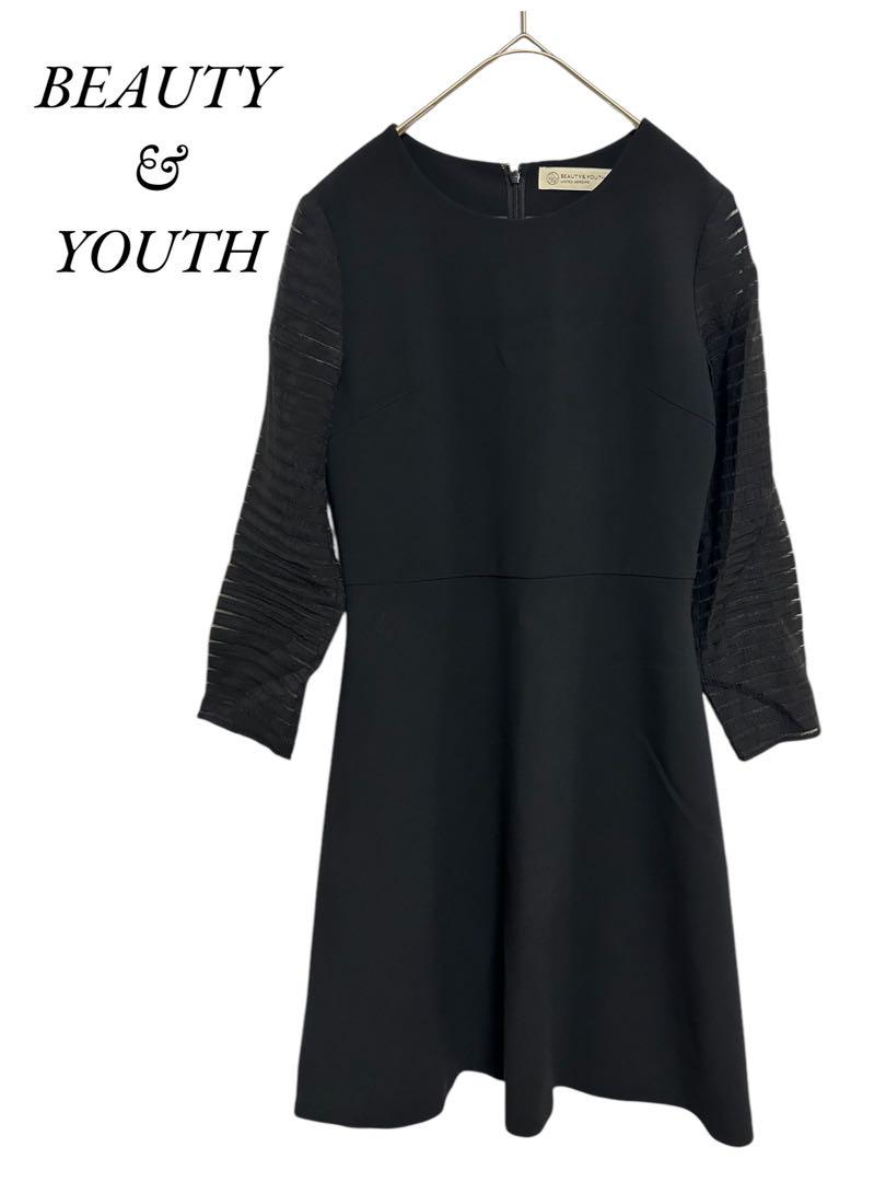 BEAUTY & YOUTH 【美品】膝丈ワンピース　袖シースルー　ブラック