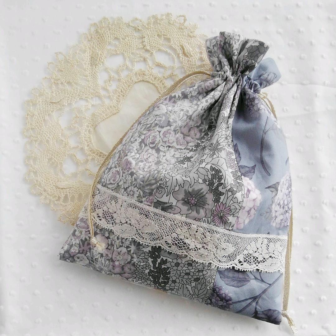 リバティプリント使用の巾着⚘チャイブナイトラベンダー⚘フランスヴィンテージレース