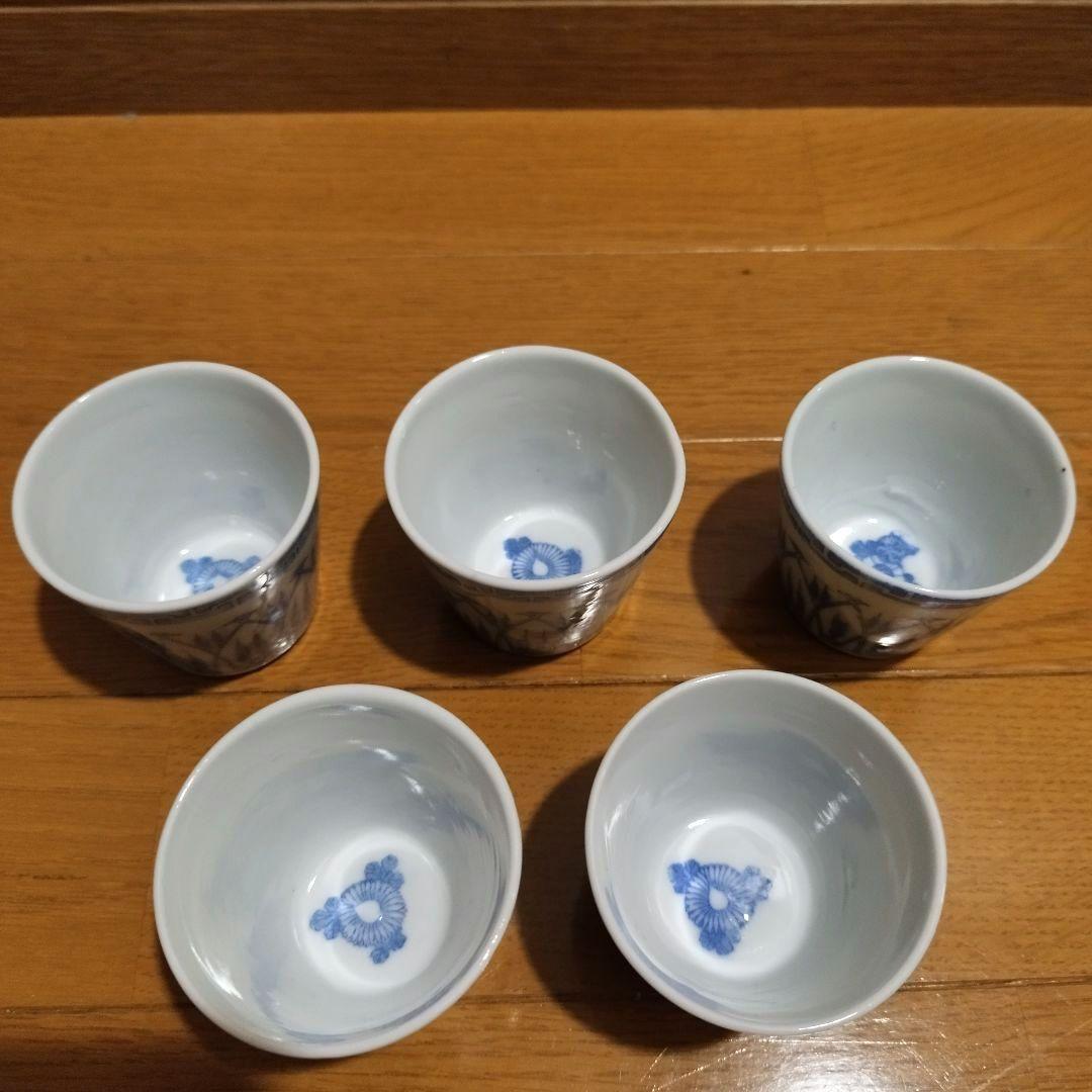 明治ごろの蕎麦猪口　銅板転写の幾何学模様　5客セット！　印判絵付け 明治ごろの蕎麦猪口 銅板転写の幾何学模様 5客セット！ 印判絵