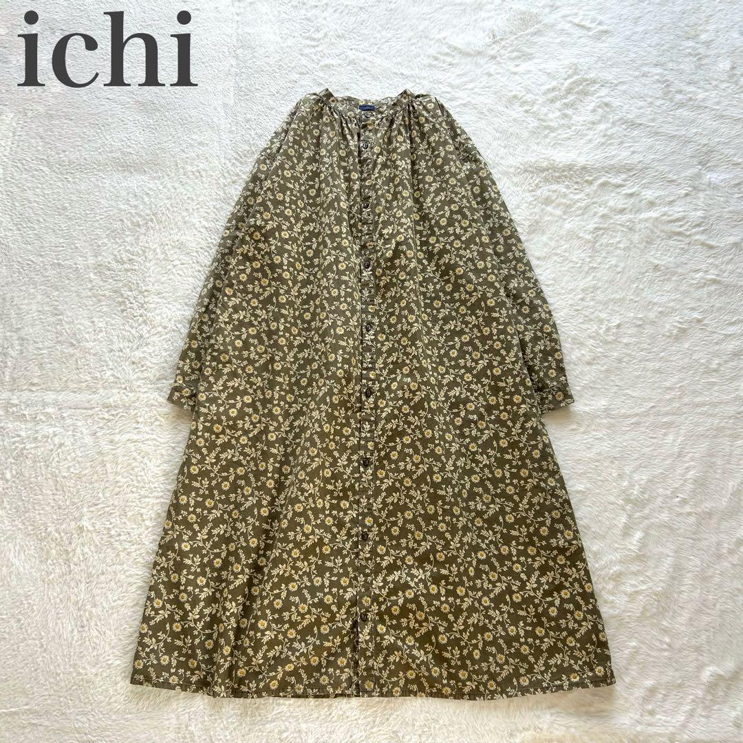 イチ 美品 バンドカラー 花柄 ワイド シャツワンピース ヴィンテージライク 6,552円