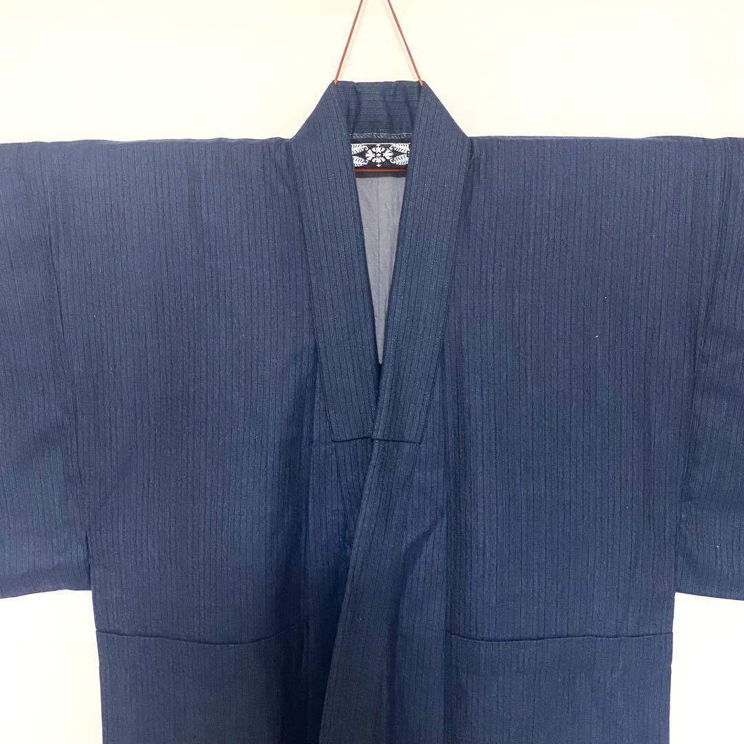 着物毛単衣メンズ紺青縦縞柄物和装