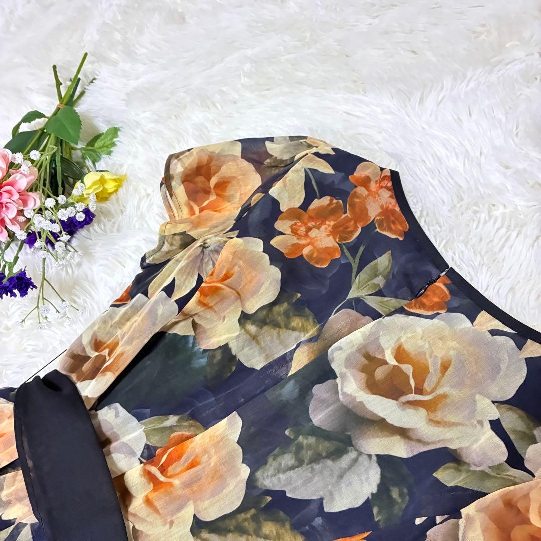 フラワープリントシフォンワンピース ドレスM