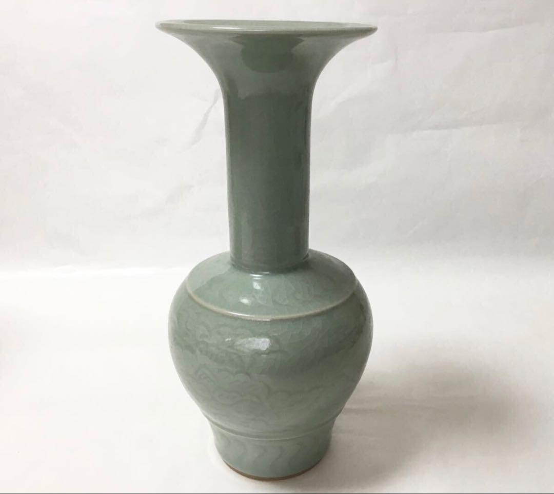 茶道具 古物品 花入 青磁 浮き牡丹 春暁 木箱入
