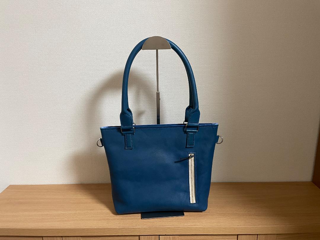 ミニトートバッグ　牛革　ハンドメイド　ブルー