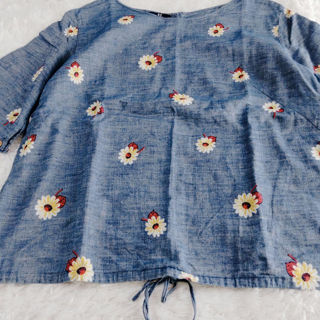 【美品】45rpm トップス　花柄　インディゴ 3サイズ　総柄　半袖　リネン