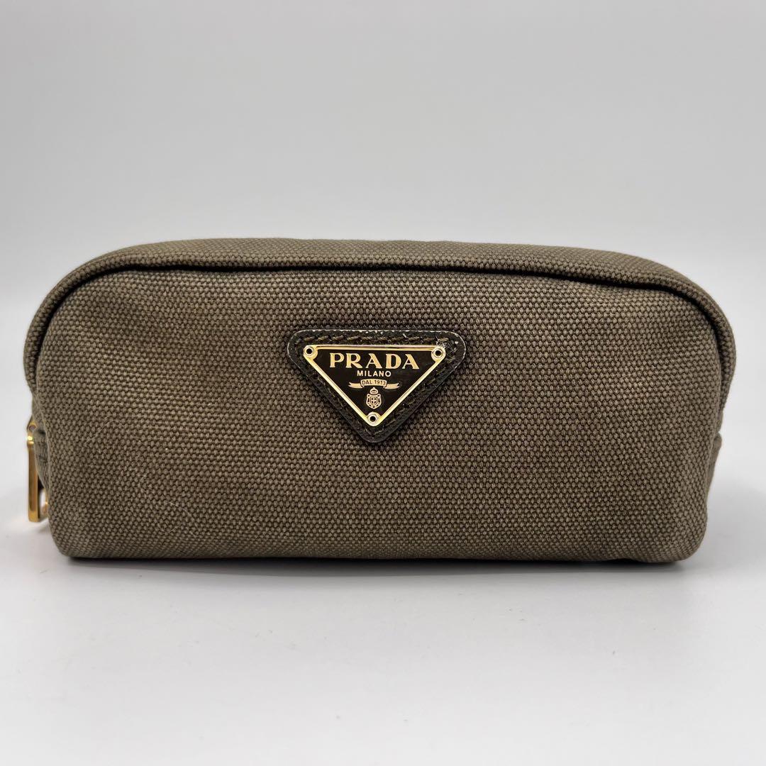 PRADA プラダ 化粧ポーチ キャンバス レザー 三角ロゴ カーキ