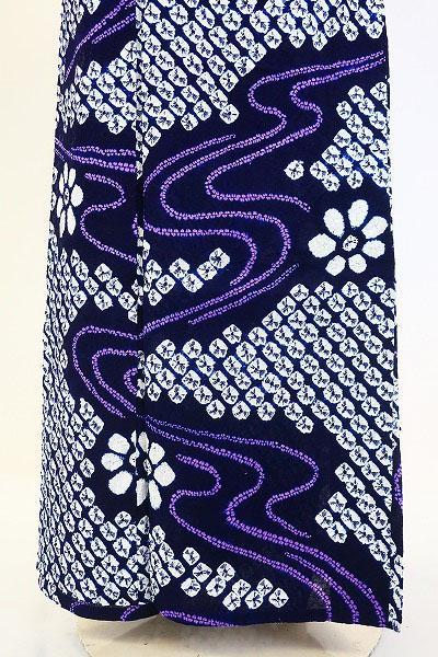 美品 浴衣 有松絞り バチ衿 藍色 花文 身丈155.5cm お洒落 夏 伝統綿