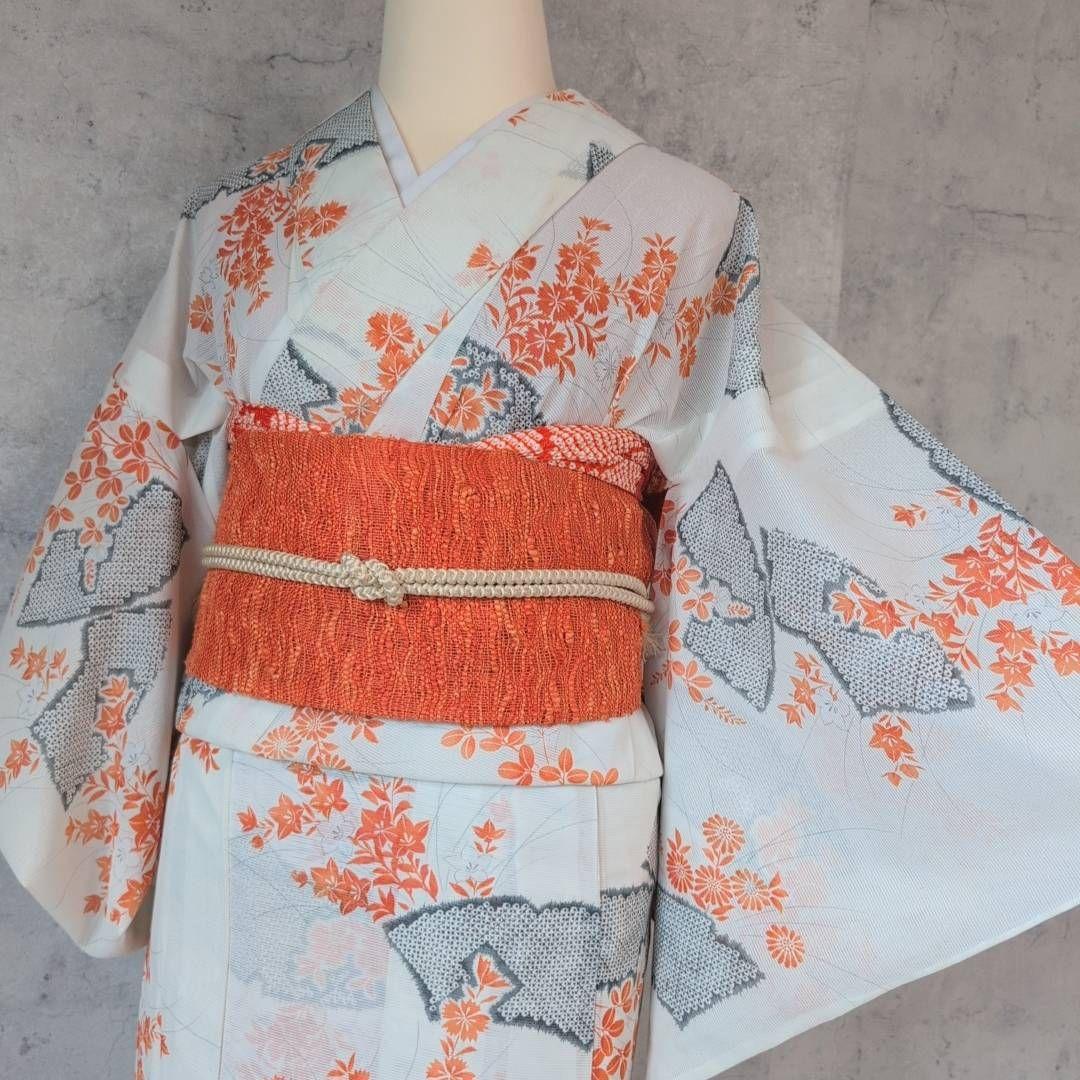夏着物　絽紗　洗える　ポリエステル　小紋　フルセット　白地　花　バチ衿　A1-1