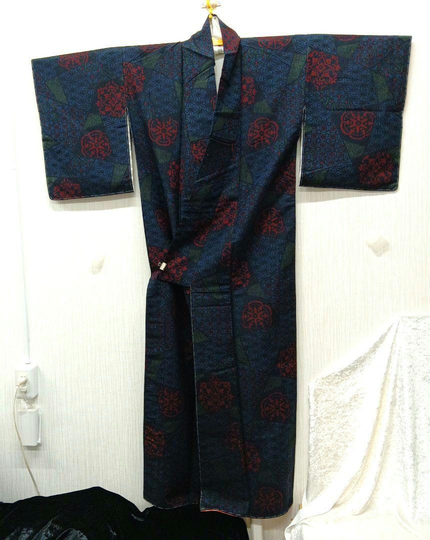未使用】紬 大島紬 着物 和装 袷 正絹 紺 赤 格子 昭和レトロ