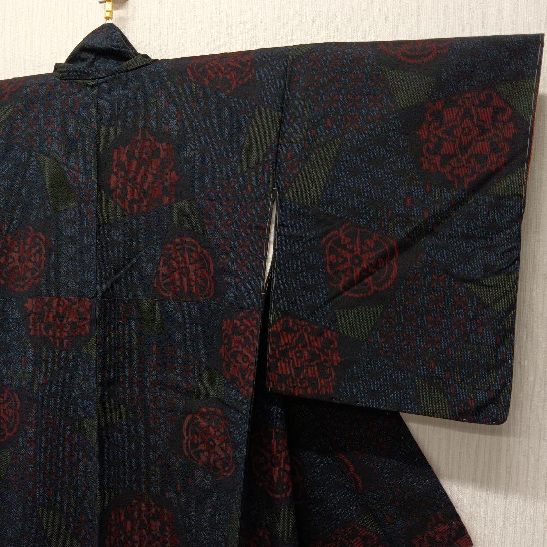 未使用】紬 大島紬 着物 和装 袷 正絹 紺 赤 格子 昭和レトロ