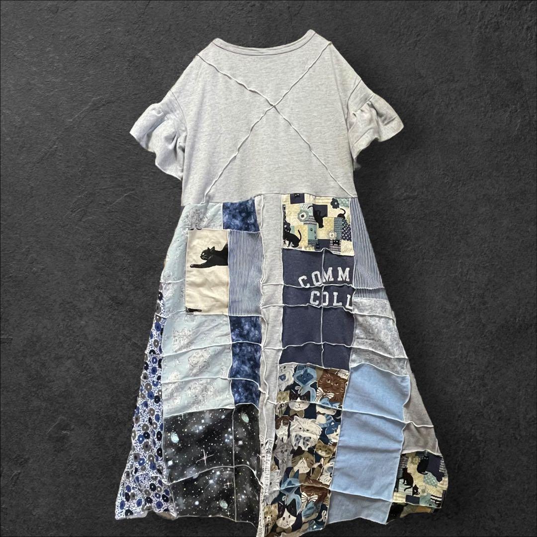 M★小柄サイズ猫クレイジーパッチワーク グレー フリル袖 古着リメイクワンピース M★小柄サイズ猫クレイジーパッチワーク グレー フリル袖 古着リメイクワンピース