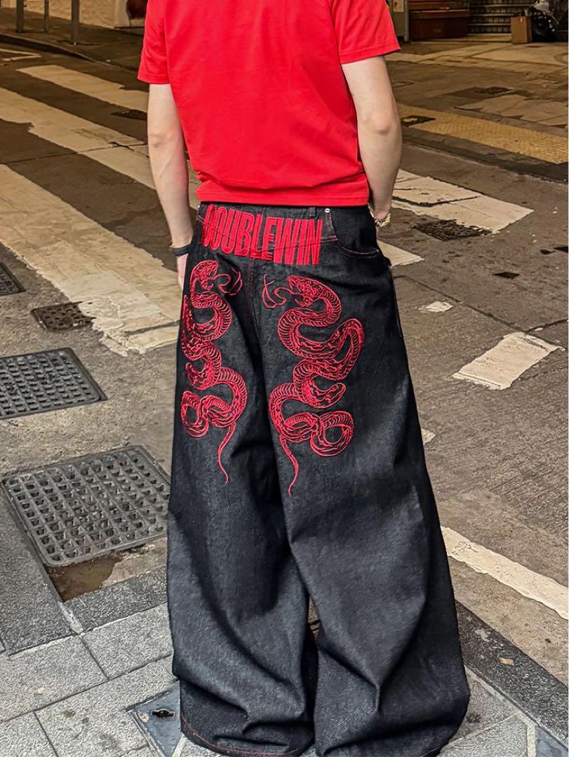 CRIMSON BAGGY DENIM PANTS ドラゴン刺繍 ワイドデニム