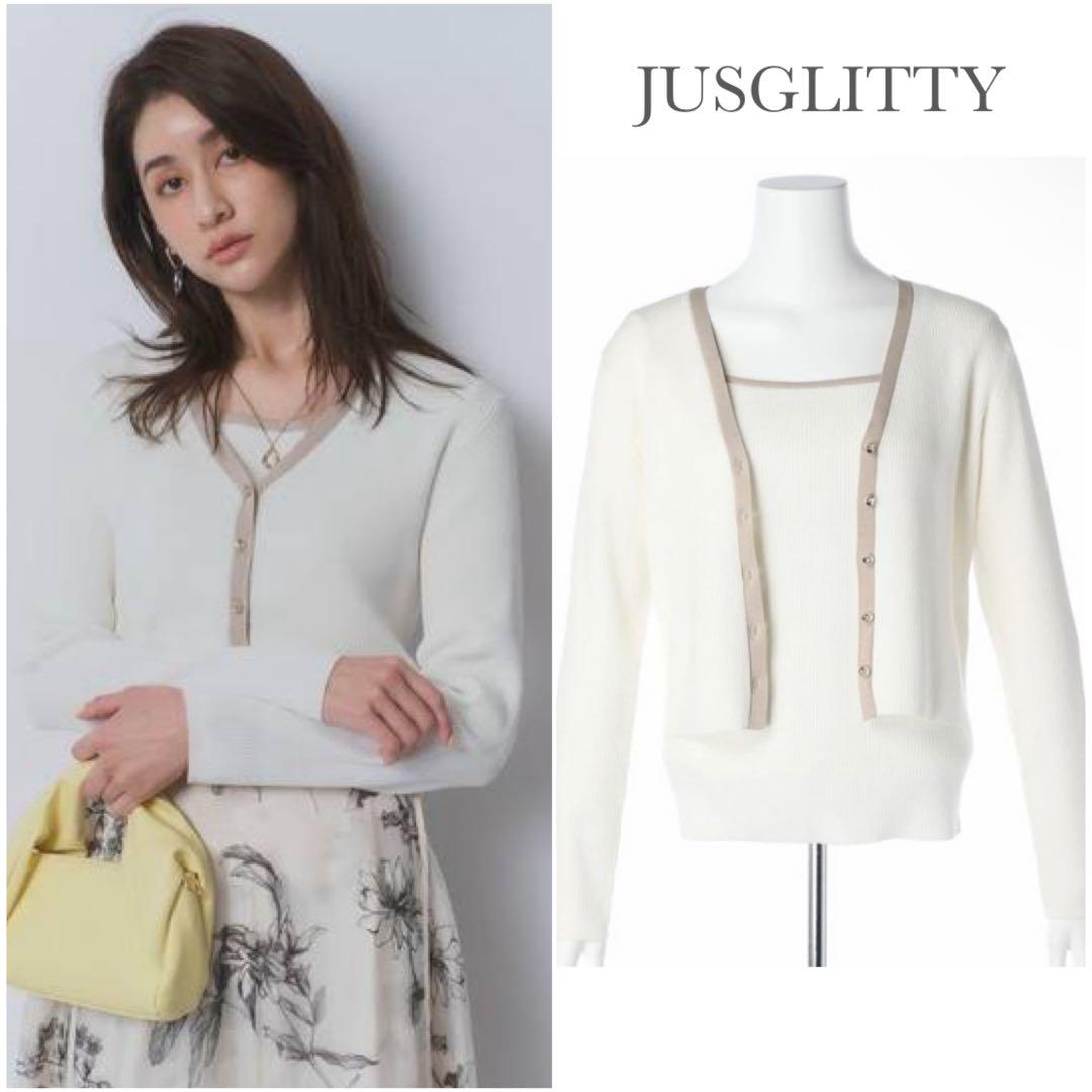 新品 JUSGLITTY スプリングVカーデアンサンブル ホワイト ベージュ