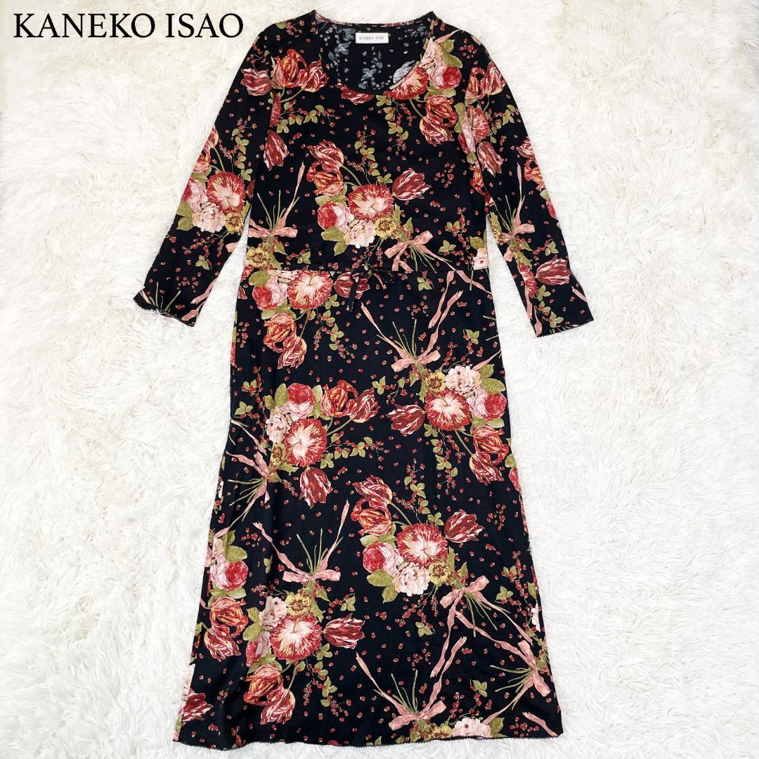 初売り】 カネコイサオ 花柄 L相当 黒 長袖 ウェストリボン ワンピース