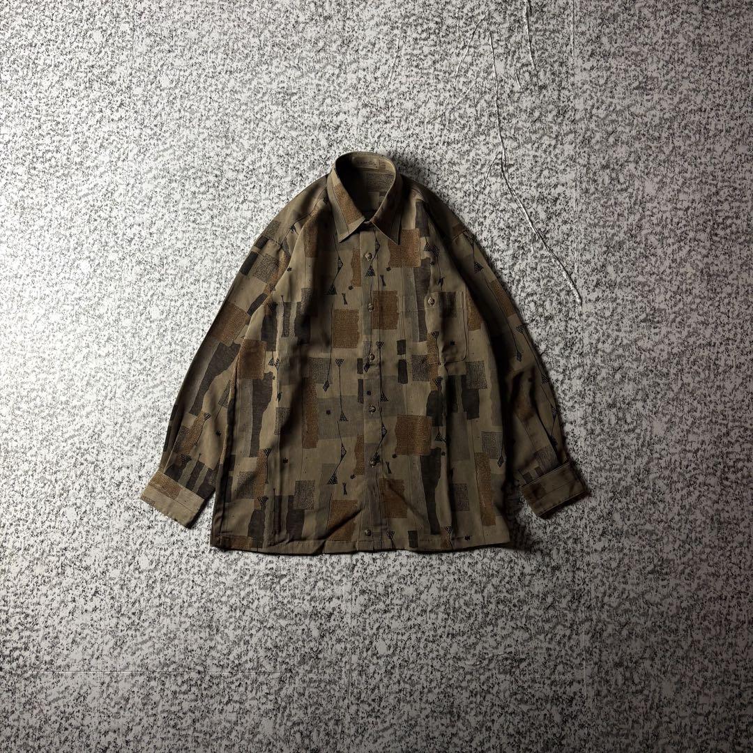 【90s日本製】昭和レトロ　ドレープ感　L/S総柄シャツ　ジャパンヴィンテージ