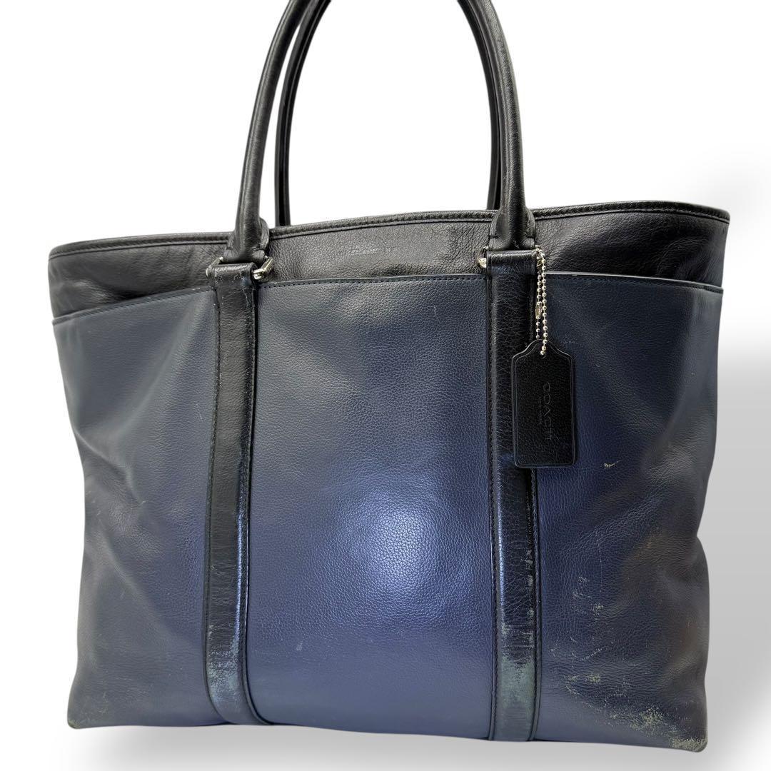 COACH コーチ ビジネスバッグ 2way レザー 青 ロゴ A4収納 肩掛け