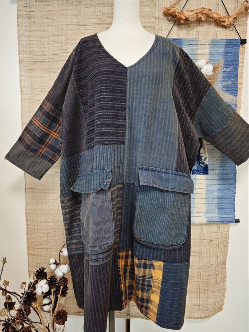 アンテイーク調　パッチワーク　古布　チュニック　ワンピース