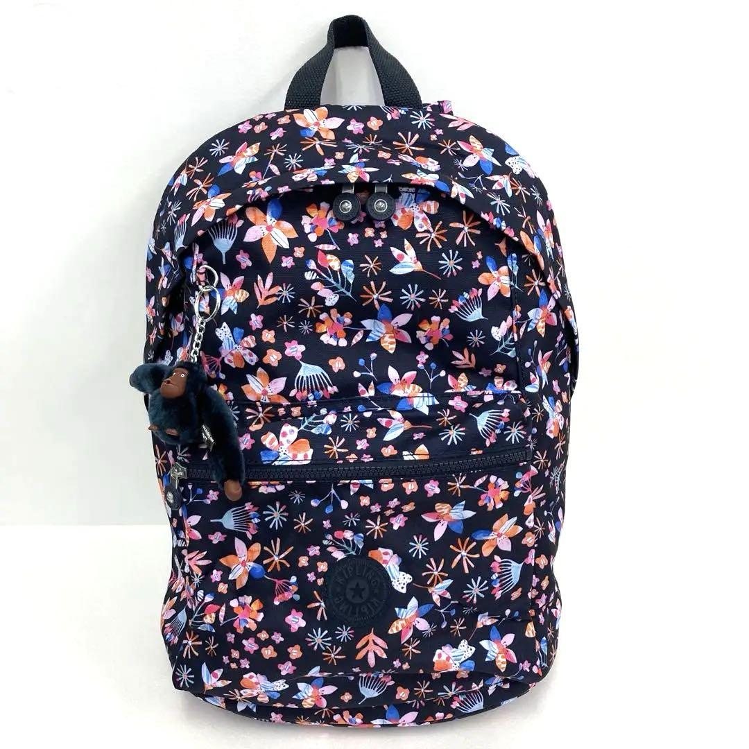 【KIPLING】キプリング リュックサック バックパック 黒地花柄 チャーム付