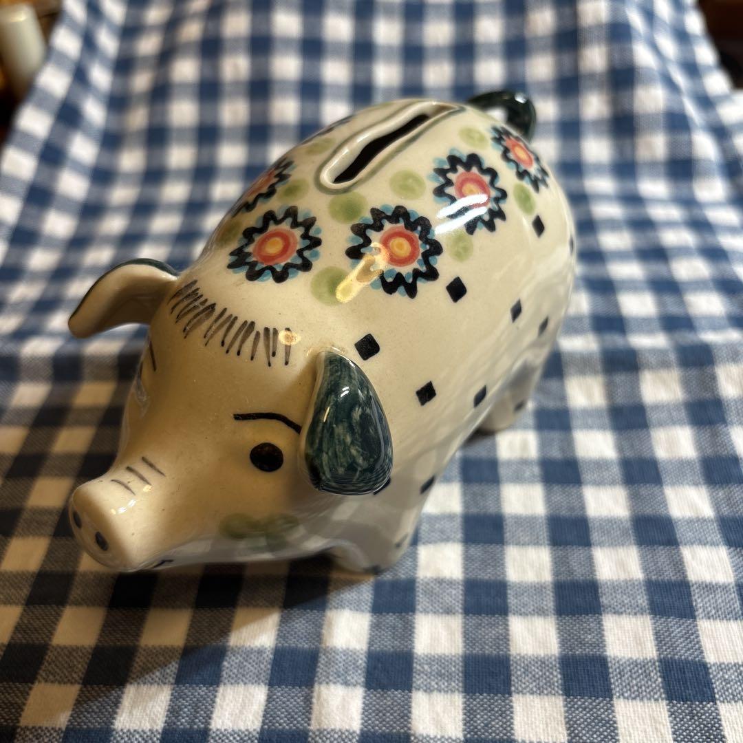 ポーランド陶器製 豚型貯金箱 花柄ハンドメイド