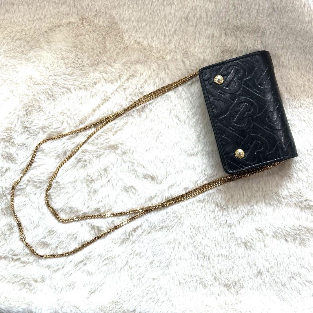驚きの値段 美品 BURBERRY チェーンウォレット TBモノグラム ブラック 小物